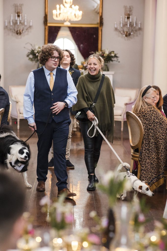 On the wedding day Lartington Hall allowed the bride and grooms dogs to be there. The wedding dog carer came to collect them.