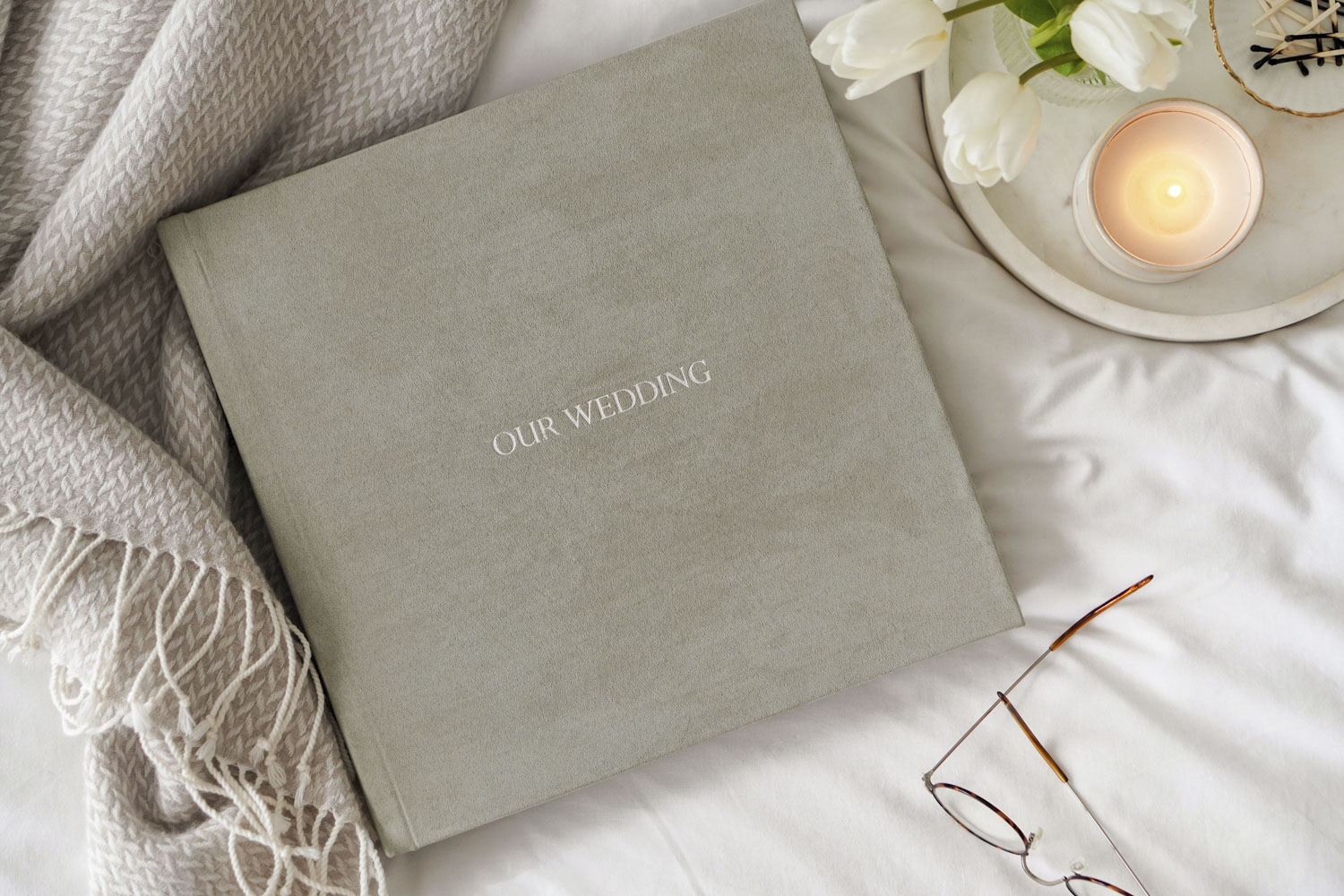 Wedding album sitting on a table