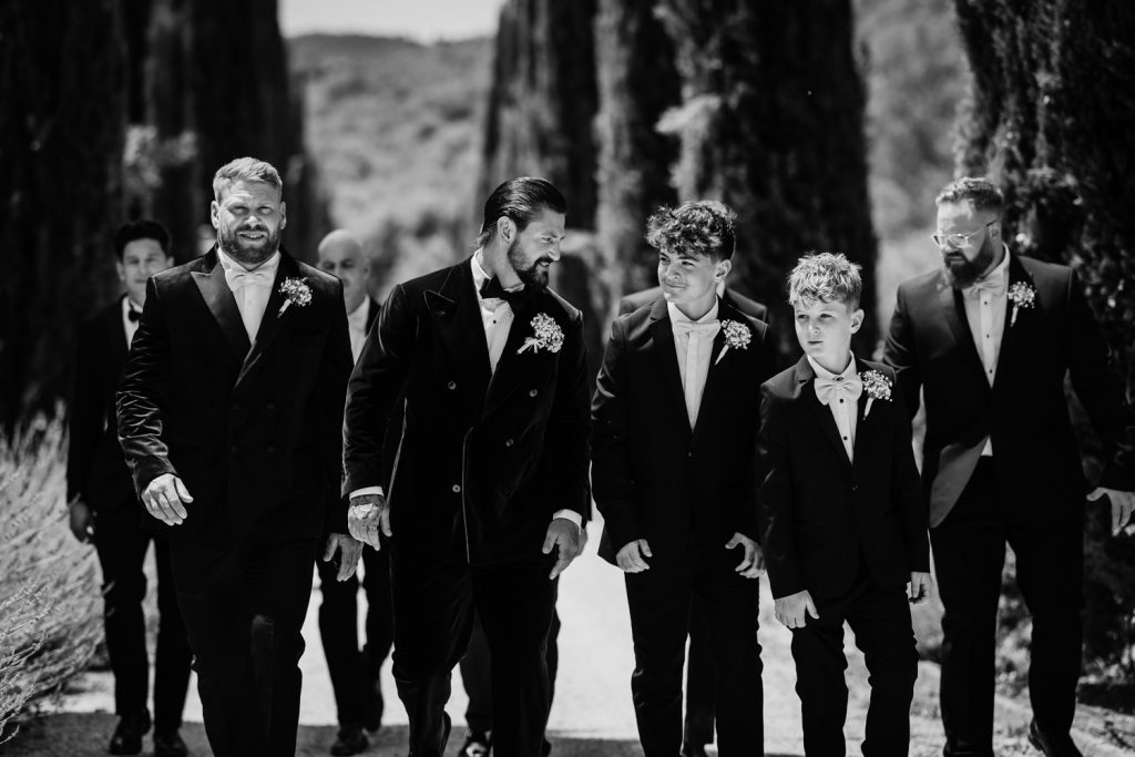 Groom with his groomsmen on drive at Villa Baroncino 